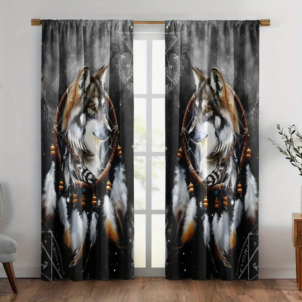 Шторы с принтом волка, 2 шт., полиэстер