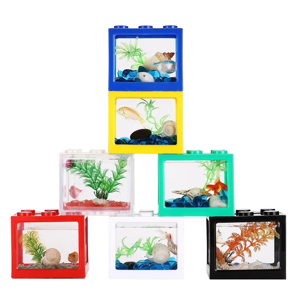 

Usb Mini Fish Tank Betta Mini Aquarium With Led Light Creative Building Block Home Office Tea Table Decoration Fish Feeding Box