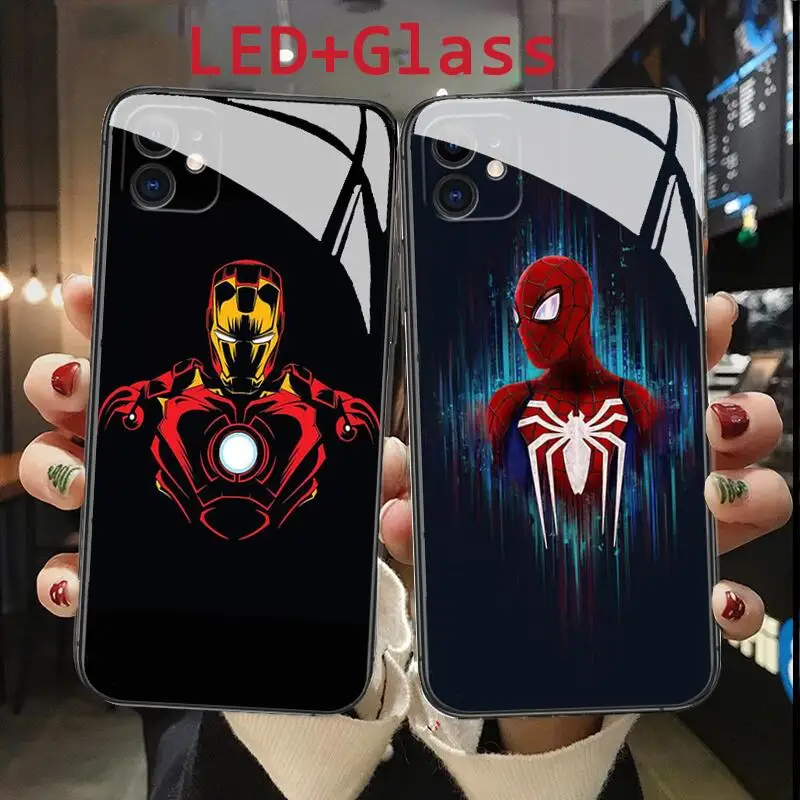 

spiderman iron Man Glass phone Case For IPhone 13 12 11 Pro Max XR X 7 8Plus LED Luminous Call Light Flash sound-control cover