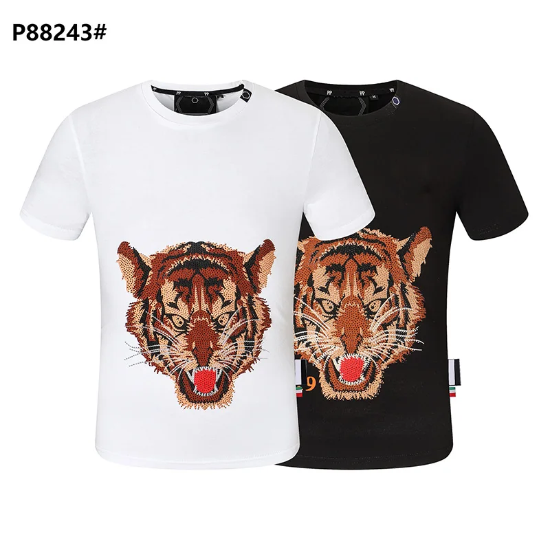 

PP Skull Top Brand Men's T-shirt Short Sleeve 3D Diamond Hip Hop Street Animal Tiger Men's Plein T-shirt White Top Sportswear