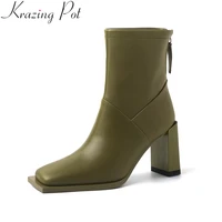 Krazing Pot 2023 Cow Leather Square Toe Patchwork Chelsea Modern Boots High Heels Warm Winter Office Lady Elegant Ankle Boots