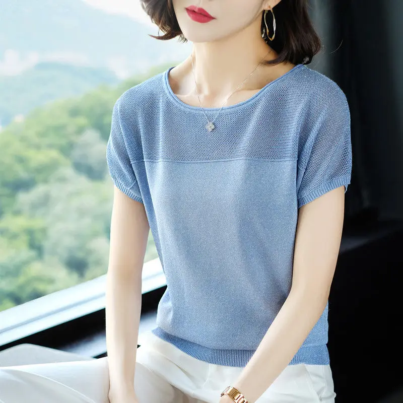 

2023 New Summer Fashion Trend Knitted Bright Silk Women's Loose Casual Patchwork Hollowed Out Solid Color Bat Sleeves T-shirt