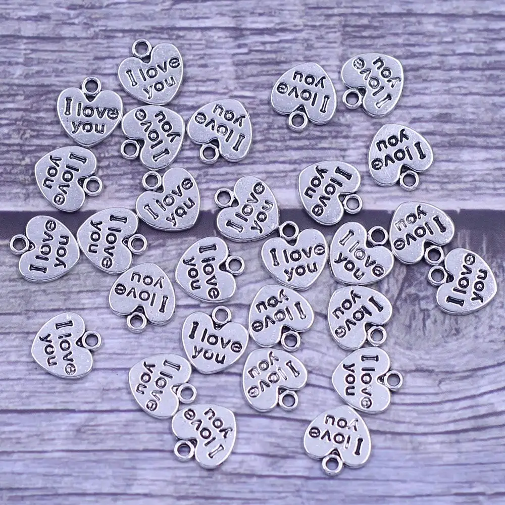 

30PCS Silver Tone Heart Charms I Love You Engraved Pendants DIY Accessories for Handmade Jewelry Crafts Materials Accessories