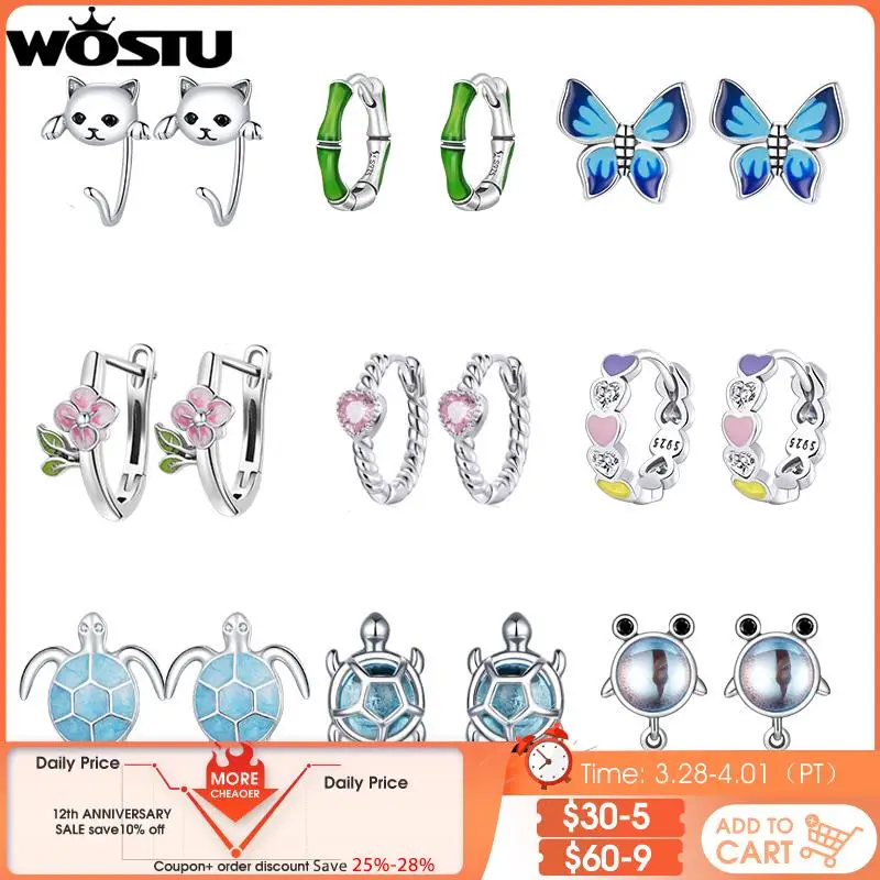 

WOSTU 925 Sterling Silver Blue Sea Turtle Butterfly Kitty Ear Studs For Women Heart Flower s925 Hoop Earrings Fine Jewelry Gift
