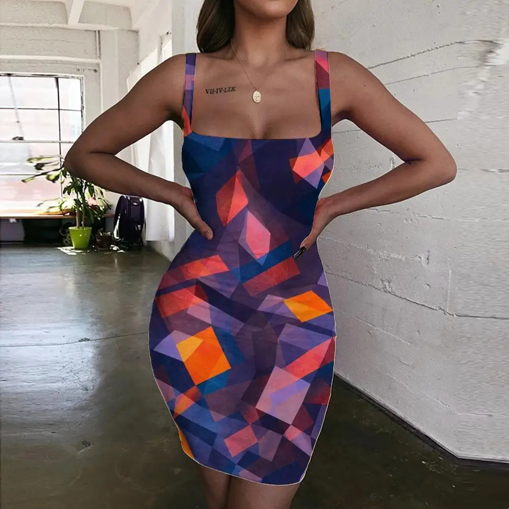 

Цветные платья для женщин, цветной яркий 3d принт, многоугольное платье, сексуальное граффити, Холтер, женская одежда без рукавов, Новинка