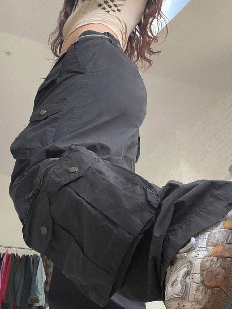 WeiYao Women Streetwear Jeans 100% Cotton Vintage Low Rise Pocket Patchwork Straight Denim Cargo Pants 2022 Summer New Mom Jean