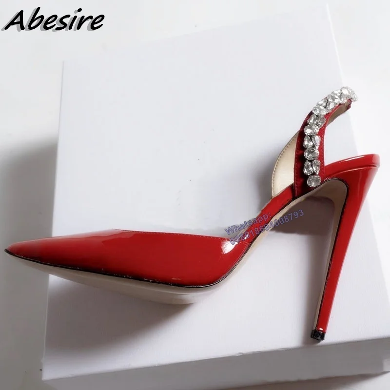 Hot selling crystal Khaki high heel sandals for woman summer pointy toe back strap thin heels shoes new red black crystal pumps