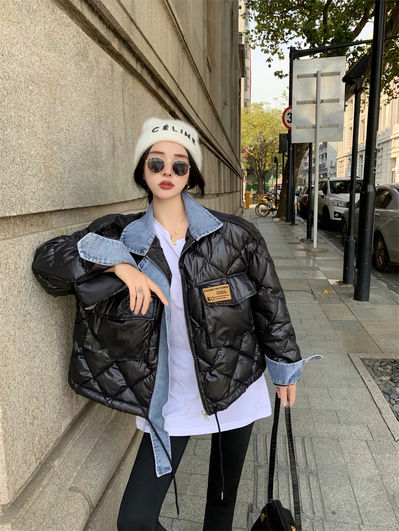 COZOK2022 New Denim Patchwork Down Jacket Autumn Winter Loose Short Vintage Y2K Jacket Female Korean Version Street Style