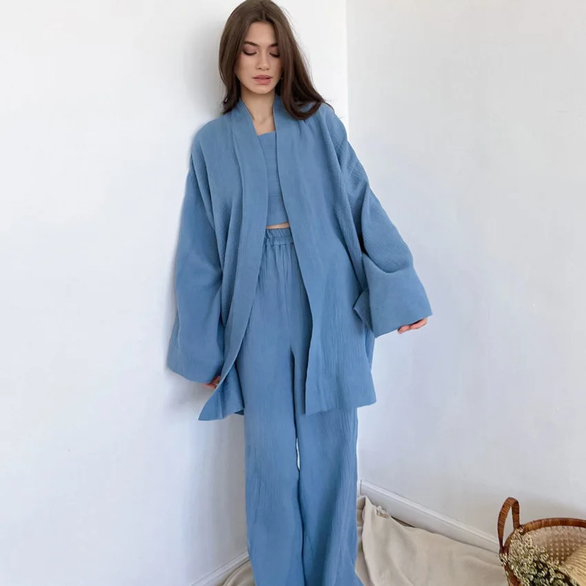 

100% Cotton Women's Nightgown Robe Pajama Sets Solid Trouser Suits Drop Sleeves Steaming Suit Woman 2 Pieces Home Service Mujer
