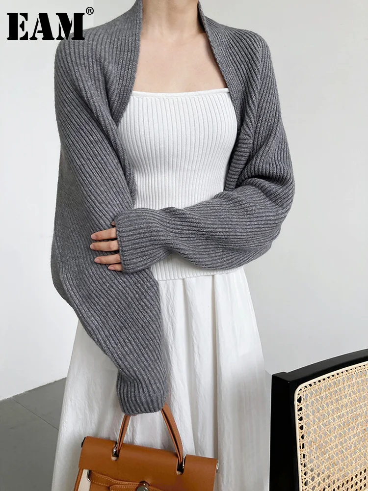 

[EAM] Elegant Gray Knitting Cardigan Sweater Loose Fit V-Neck Long Sleeve Women New Fashion Tide Autumn Winter 2023 1DF2337
