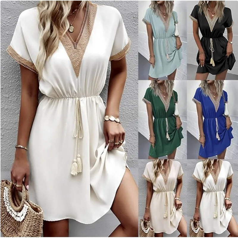 Women Elegant Mini Dress 2023 Summer Solid Color Short Sleeved Boho Dresses Female Fashion V Neck Loose Lace Up Dresses Vestidos