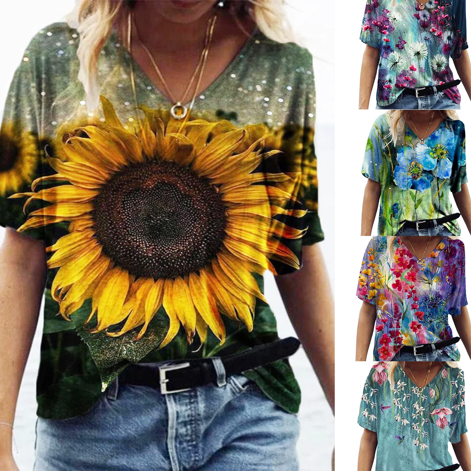 

Women's Short Sleeve Tops Summer Flower Printed V Neck T-Shirts Loose Fit Lady's Costume Oil Painting Style for Girls NIN668