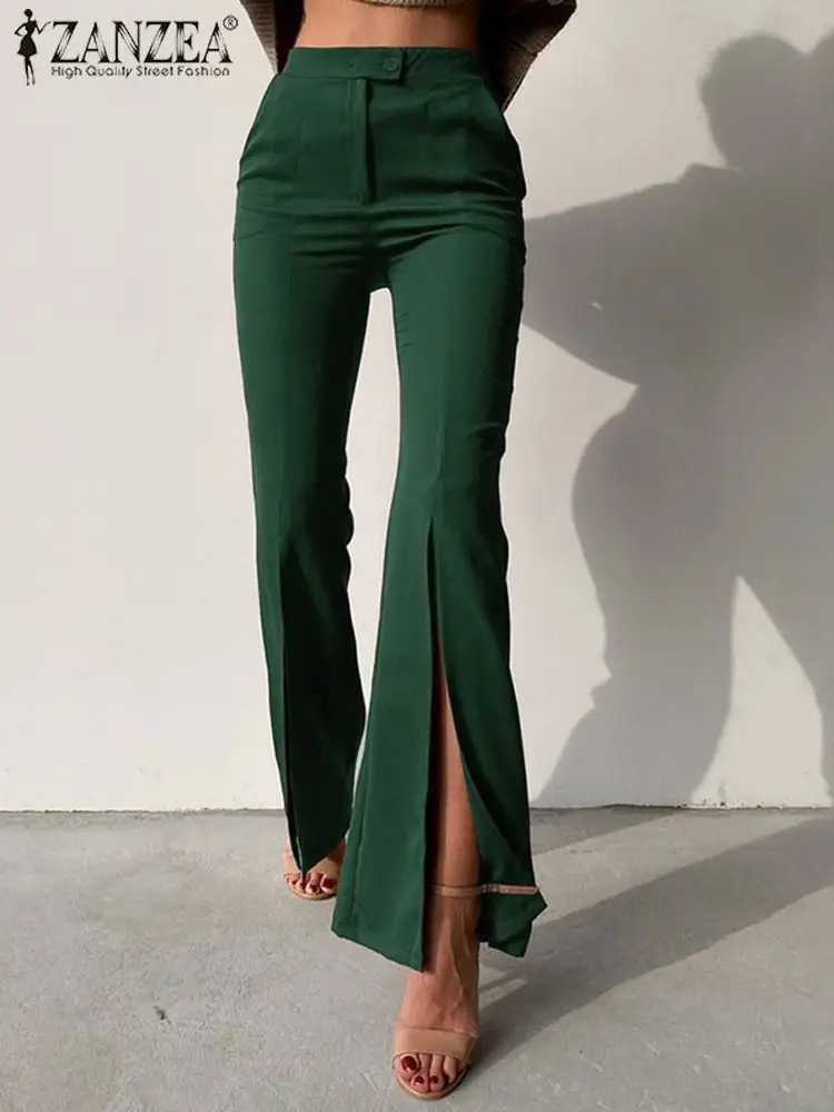 

Women Flare Pants 2022 Fashion Solid Maxi Trousers ZANZEA Sexy Slit Bodycon Palazzo Party Holiday Casual Long Pantalon Oversized