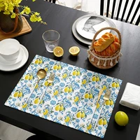 durable placemats heat resistant place mat lemon blue baroque leaves mediterranean pattern washable durable kitchen homedecor
