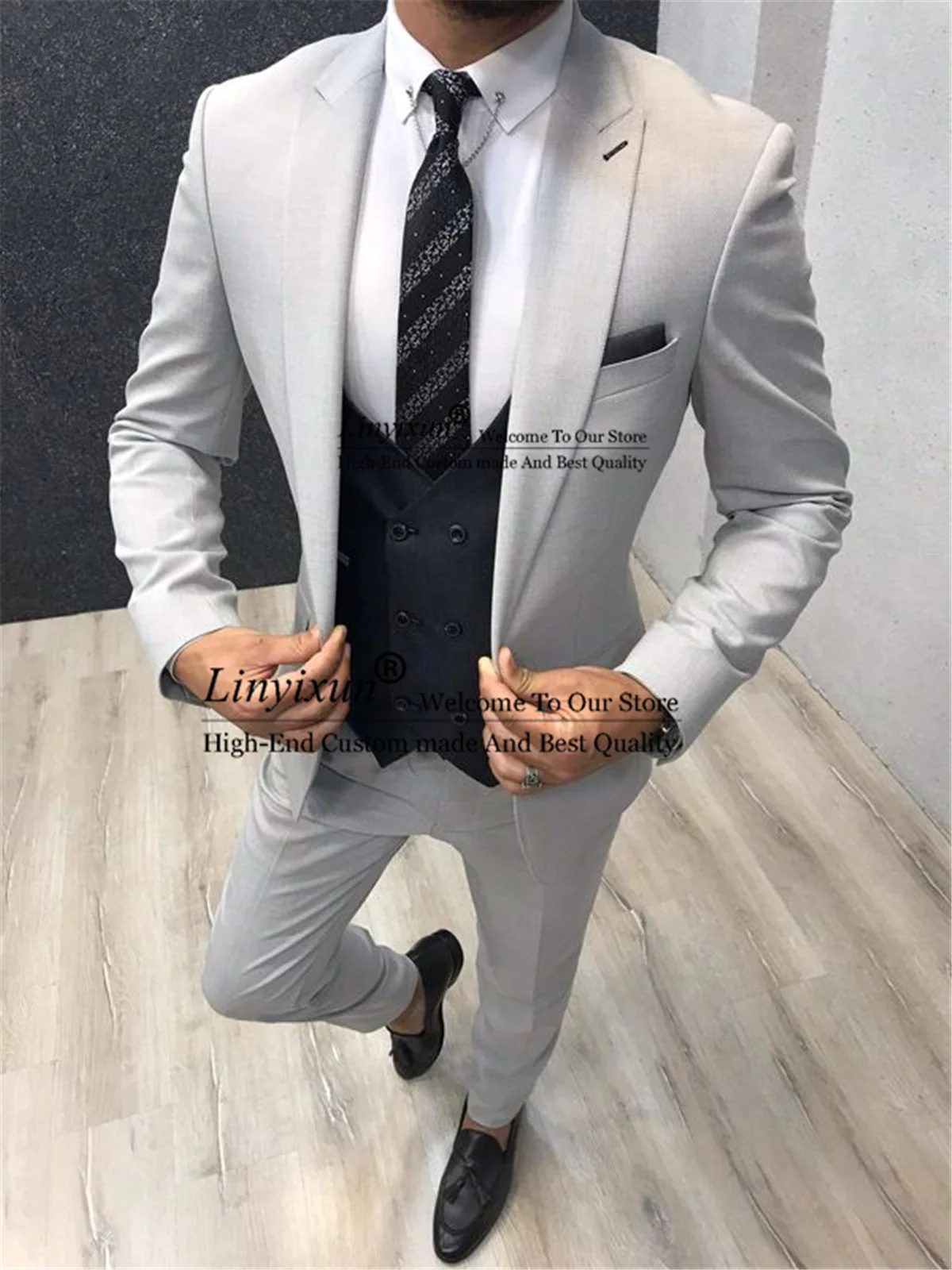 Gray Formal Suits for Mens Slim Fit Wedding Groom Tuxedos 3 Pieces Sets Business Male Blazer Pants Vest Outfit Terno Masculino