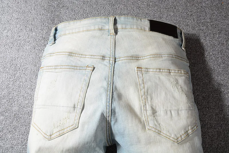 Mens Light Blue Ripped Streetwear Hip Hop Fashion Skinny Damaged Patched Holes Slim Fit Stretch Distressed Destroyed Denim Jeans