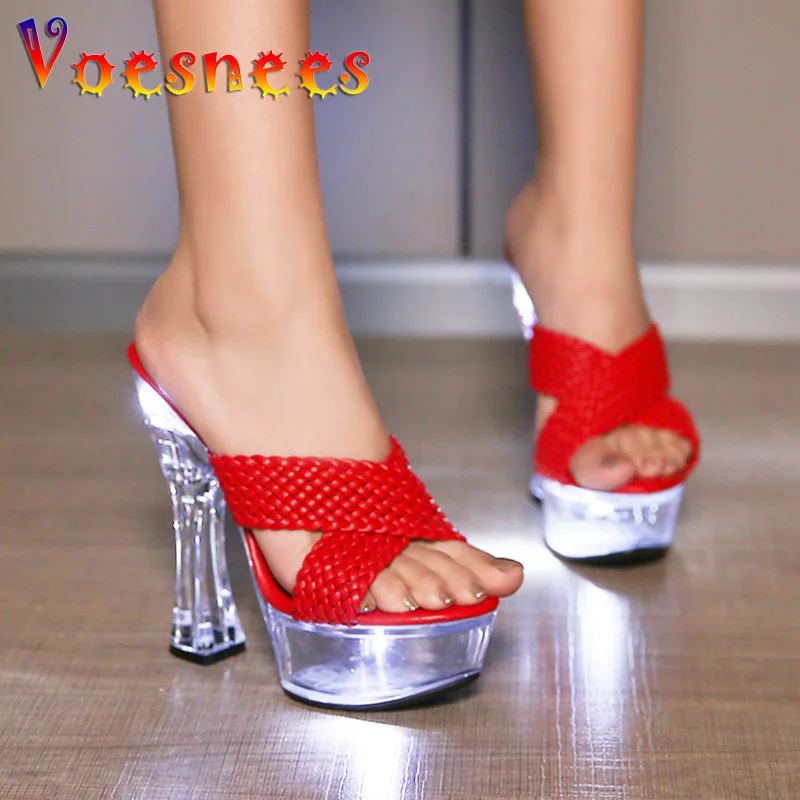 

Сандалии женские на платформе 15 см, пикантные Босоножки с открытым носком, на высоком устойчивом каблуке, модные тапочки, прозрачная обувь, уличный стиль