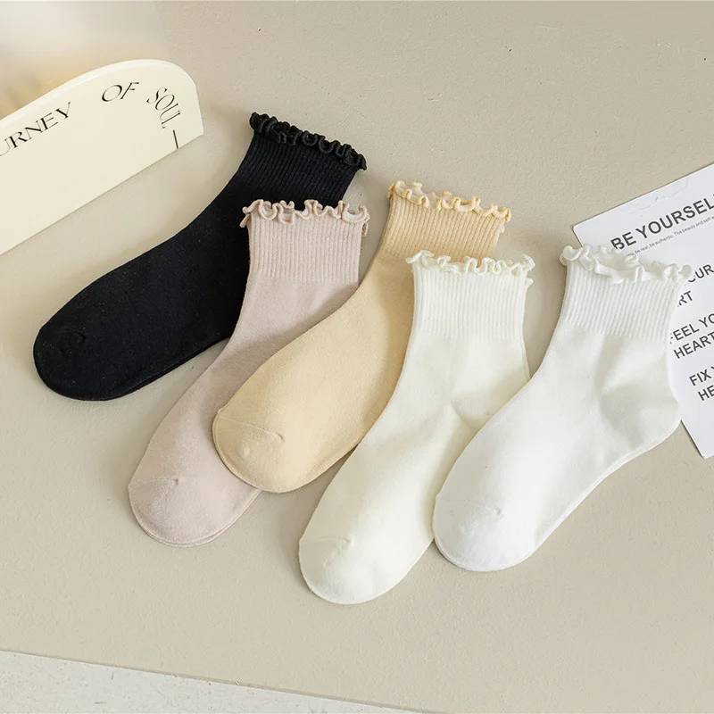 5pairs Socks Women's Spring and Summer Style Wooden Ear Tube Socks Lace Tide Cotton Socks
