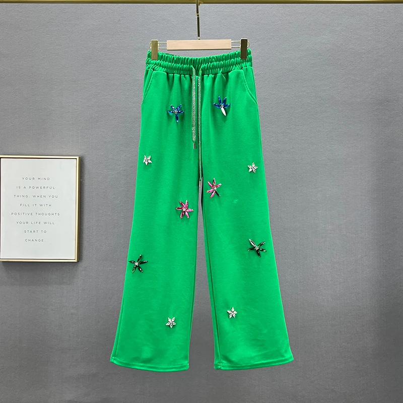 Casual Wide-Leg Pants for Women 2023 New Spring and Summer Lace-up Elastic Waist Trouser Loose Flower Rhinestone Trousers Woman