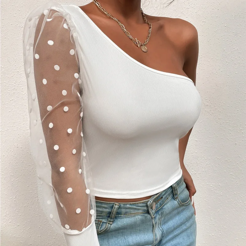 

2022 Autumn Women's Top Long Sleeve Skew-collar Mesh Navel Polka Dot Tops Female New Fashion Elegant Casual Street Lady Clothes