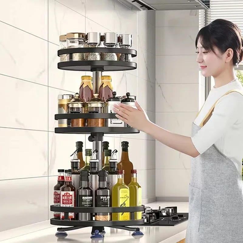 Multi-Layer Rotating Corner Storage Rack for Kitchen, Countertop Use, Carbon Steel, 360° Rotation, Spice Bottles Holders