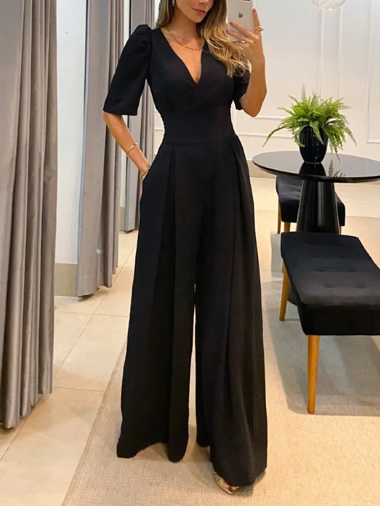 

Chicheca Puff Sleeve V Neck Black Women Office Lady Wide Leg Jumpsuit Women Pockets Fashion Long Pants One Piece 2024 Overall