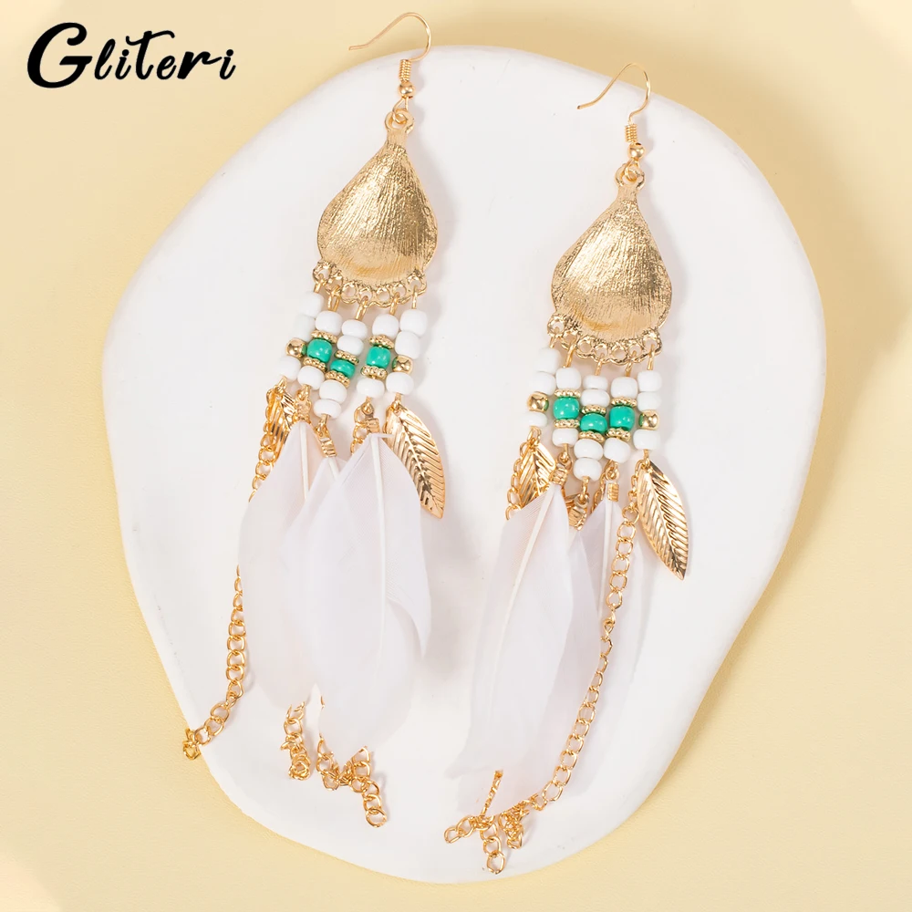 GEITERI Bohemia Water Drop Feather Tassels Earrings For Women Girls Classic Gold Color Beads Drop Earring Jewelry Party Gifts