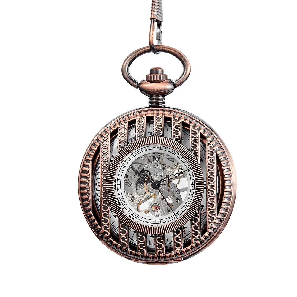 Vintage Antique Stripe Mechanical Hollow Skeleton Pocket Watch Round Dial Antique Pendant Clock Retro Gifts Men Women