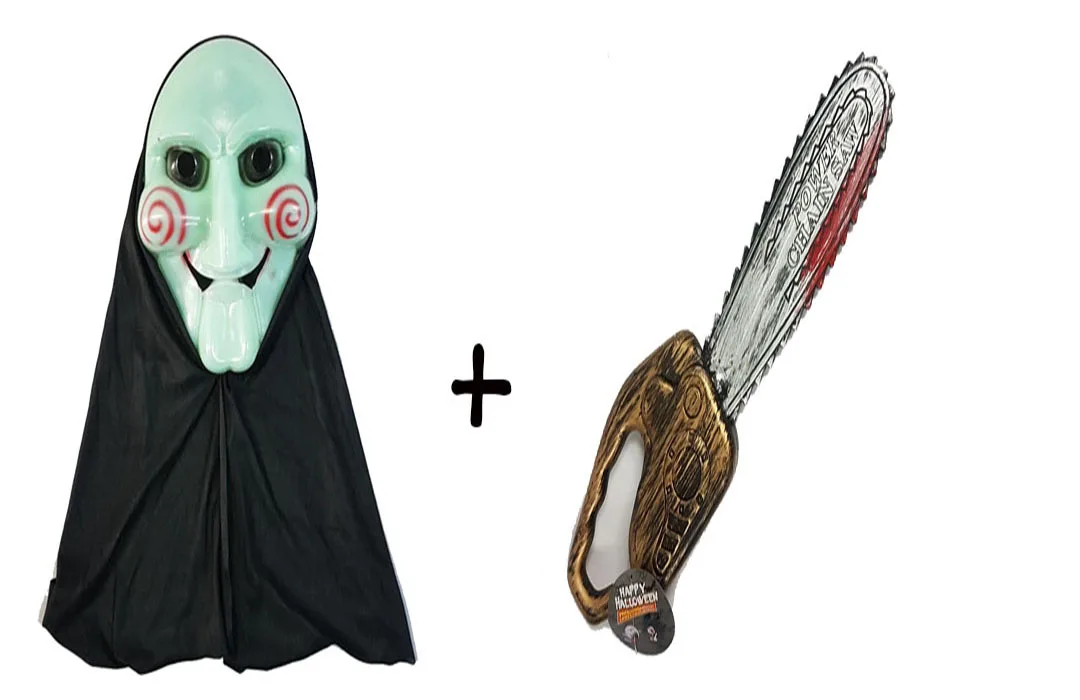 

Зеленая неоновая маска для пилы и пила в Мече