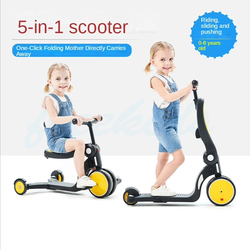 5 In 1 Walker for Baby Children's Kick Scooter Children Folding Skateboard Kids Adjustable Flashing Light 3 Wheels Foot Scooters