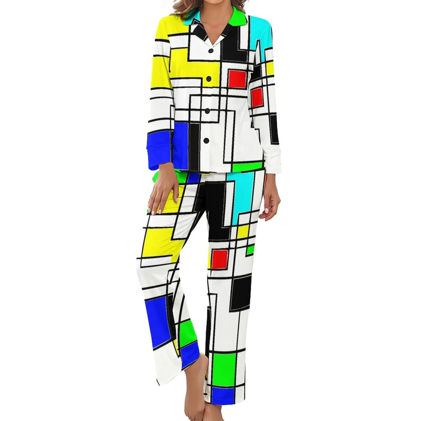 

Пижама с принтом De Stijl, милые пижамные комплекты с длинным рукавом и квадратами, 2 предмета, домашняя повседневная одежда для сна на заказ, по...