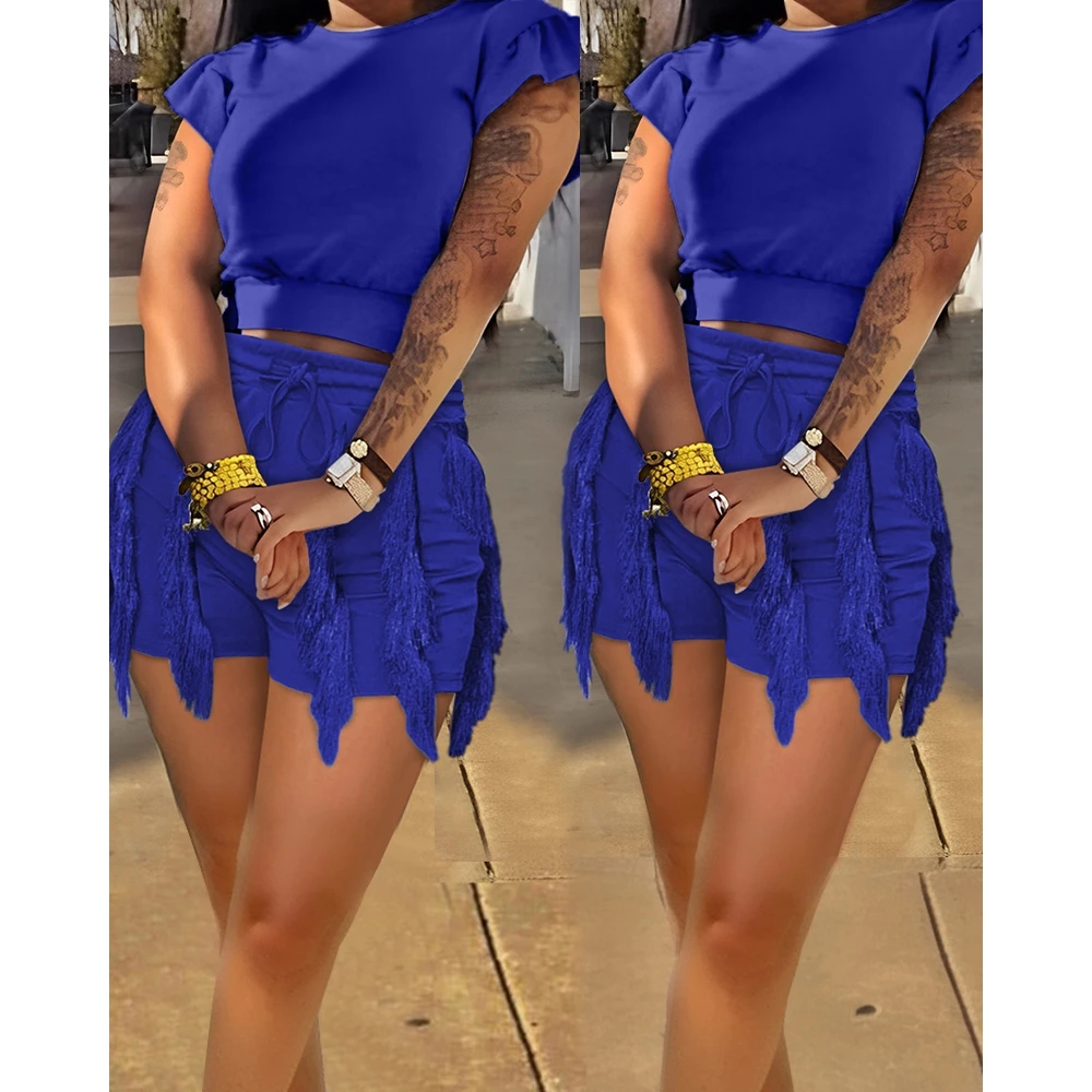 Fashion Summer Women Casual Two Piece Shorts Set Ruffles Flutter Sleeve Top & Tassel Design Shorts Set Streetwear Outfits