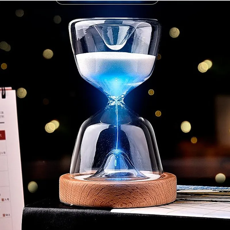 

15 Minutes Luminous Remote Control Glass Hourglass Sand Timer Wood Bottom Night Light Sandglass Free Customized Laser Lettering