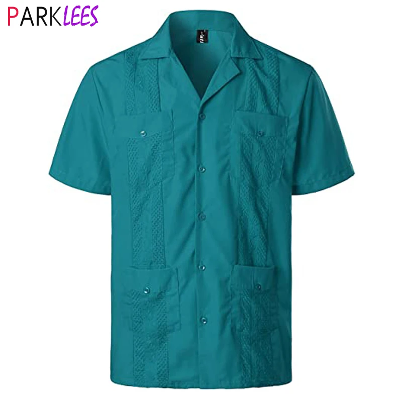 

Мужская синяя рубашка с четырьмя карманами Guayabera, рубашка с коротким рукавом и воротником в Кубинском лагере, мужская пляжная рубашка с вышивкой для свадьбы