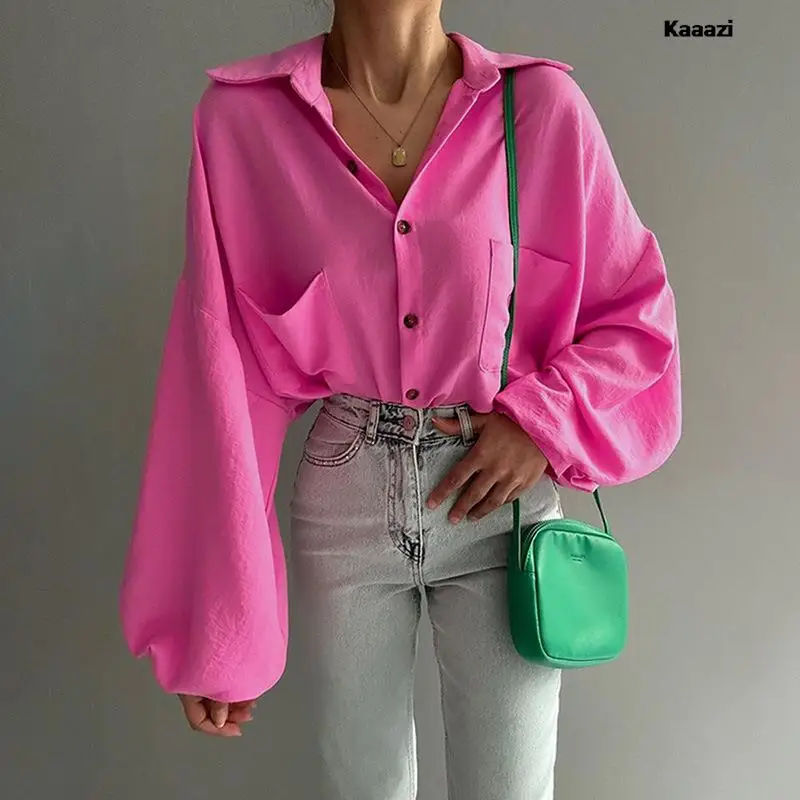 

KAAAZI Office Lady Loose Blouse Long Sleeve Basics Trumpet Sleeve Turn-down Collar Elegant Shirt Pockets Fashion Solid Color