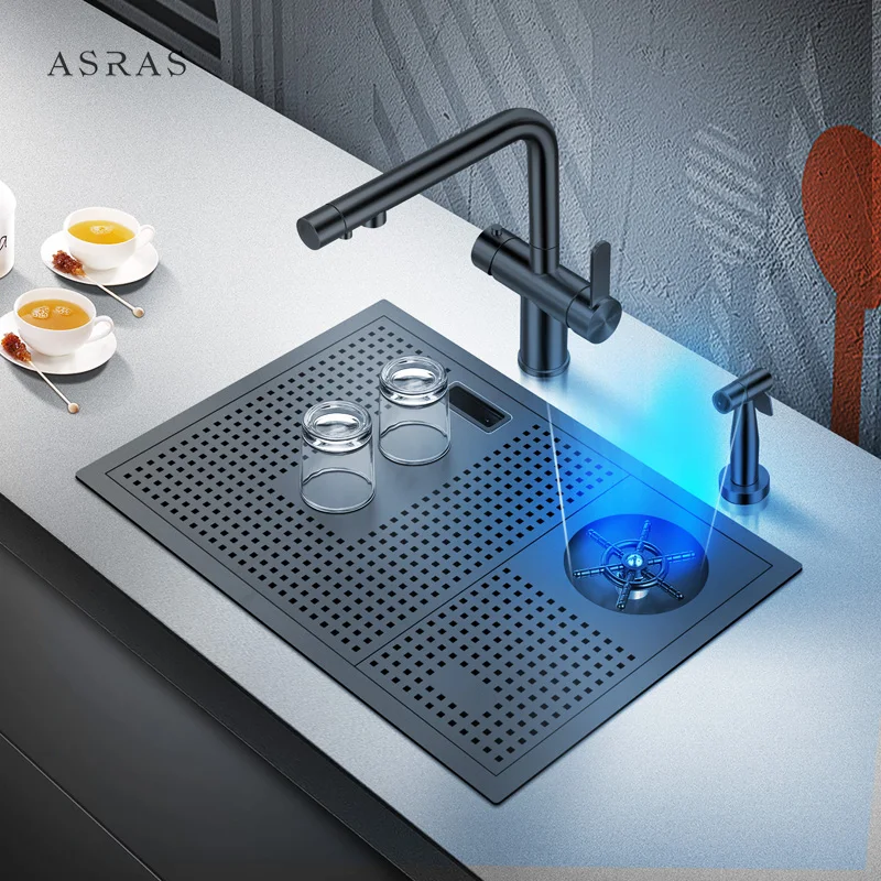 Кухонная раковина ручной работы Asras SUS304 черная с флюзером