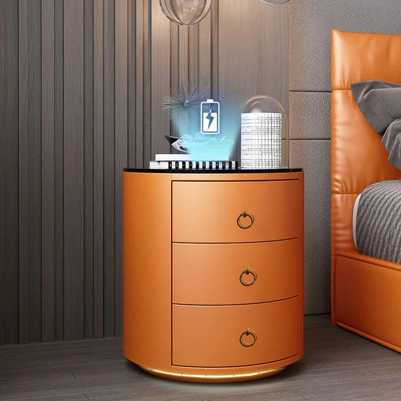 

Leather Dressing Table Round Nightstand Audio Password Fingerprint Lock Modern Wireless Charging Mesa Auxiliar BedRoom Furniture