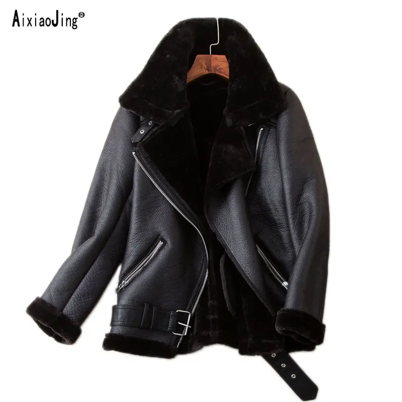 AIXIAOJING Winter Coats Women Thickness Faux Leather Fur Sheepskin Female Fur Leather Aviator Outwear Feminino jacket women