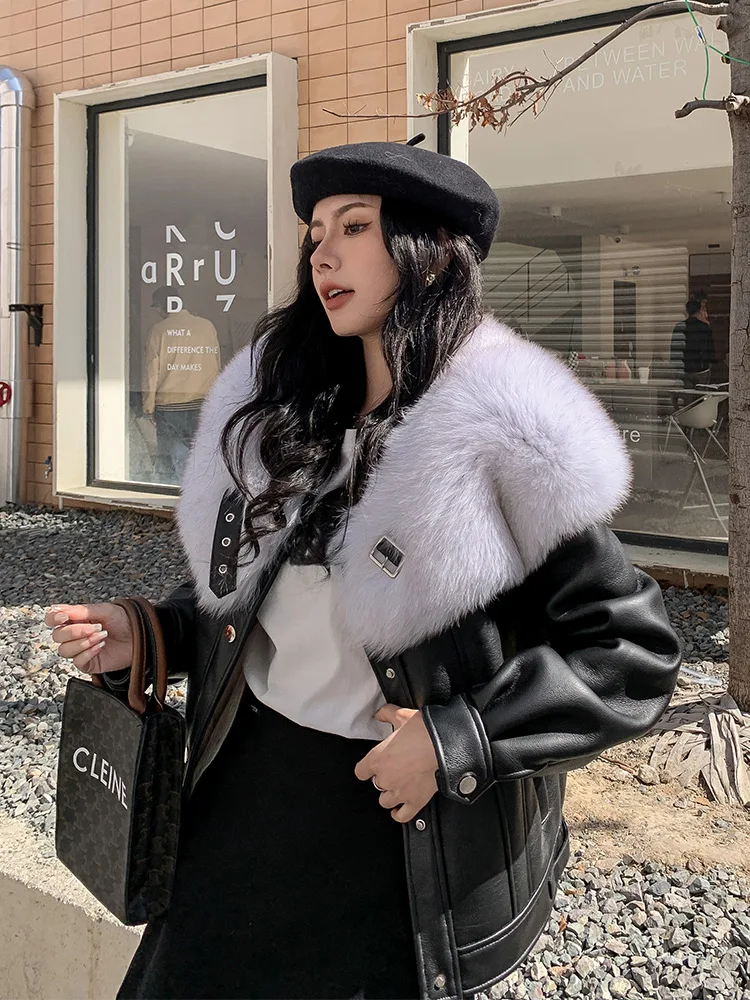 Winter New Sheep Fur and Leather Overcoat Real Fox Fur Collar Fur Coat Female Motorcycle Clothing winter jacket women enlarge
