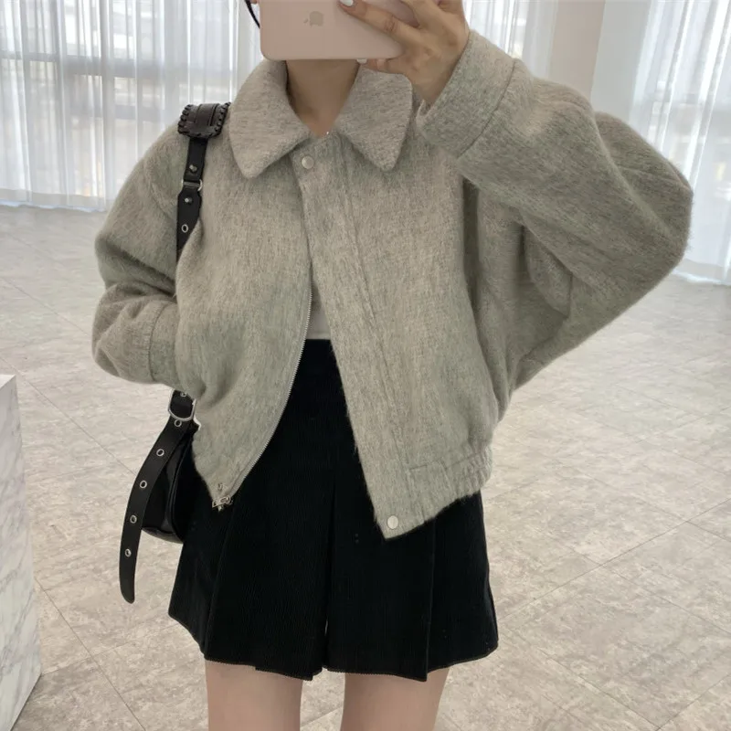 

Autumn Winter Short Woolen Jackets Women Korean Fashion Loose Zipper Long Sleeve Thickened Coat Female Casual Outerwear