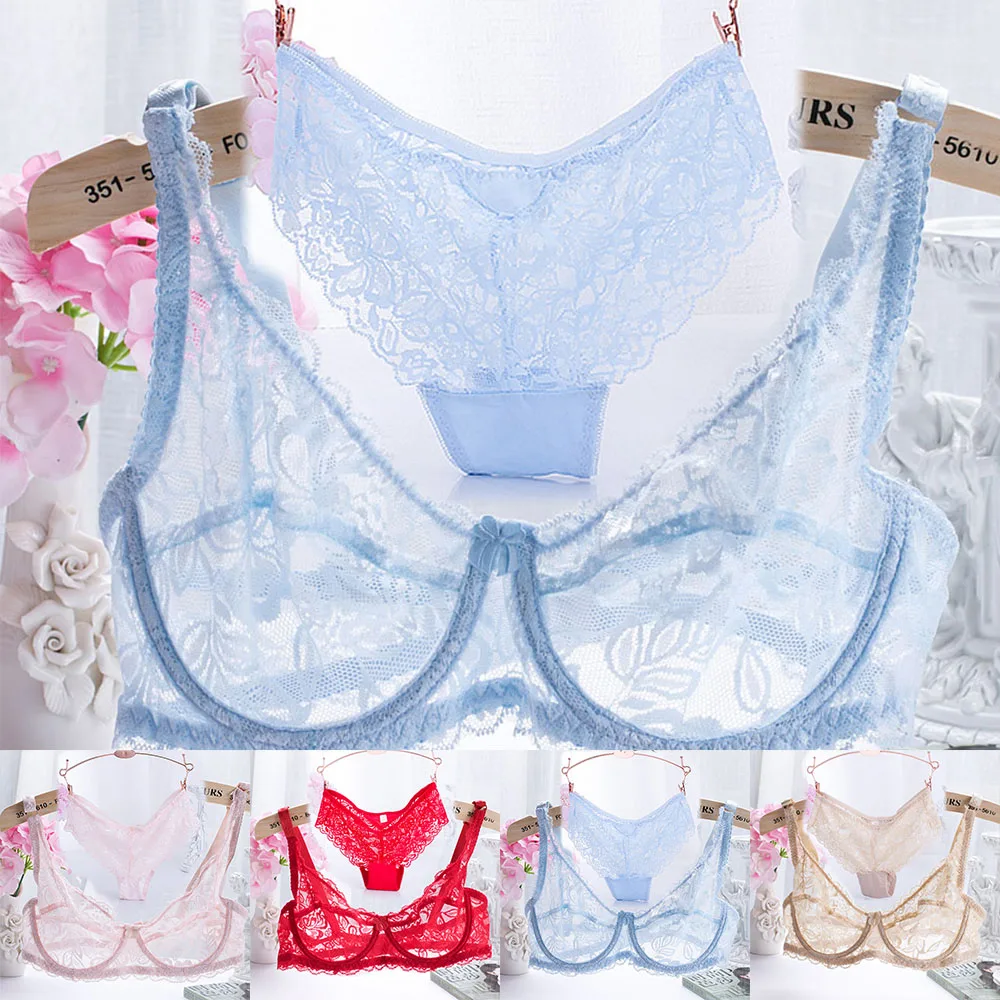 

Women Lace Embroidery Bras Set Underwear Sexy 3-4 Cup Thin Transparent Bra Panty Set See-through For Female Breathable Bra Set