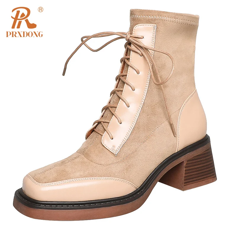 

PRXDONG New Fashion Qulaity Autumn Winter Warm Shoes Woman Ankle Boots Square Med Heels Lace Up Black Brown Dress Work Female 39