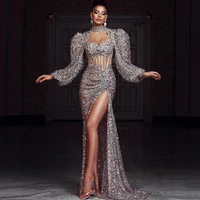 glitter evening dresses 2022 luxury o neck puff sleeves mermaid celebrity gowns side split sequin illusion sexy prom party dress