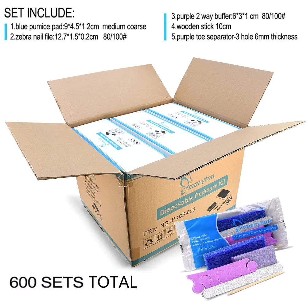 

600 Sets/Carton Disposable Pedicure Kit Nail Art Files Tools Brush Buffer Block Cuticle Pusher Dead Skin Polishing Manicure Kits