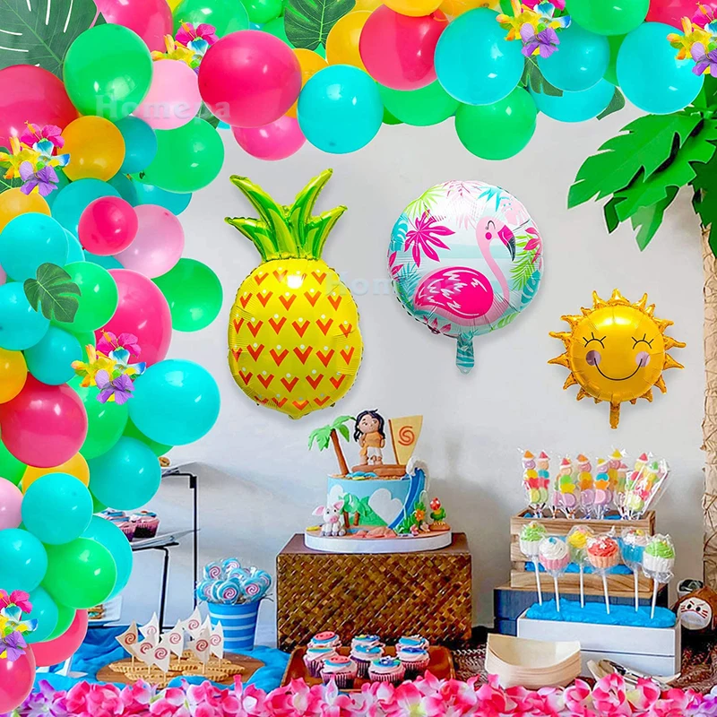 

111Pcs 16Ft Tropical Hawaiian Balloon Garland Kit Fake Palm Leaves Flower Sun Pineapple Flamingo for Aloha Summer Party Supplies