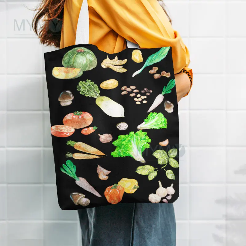 

Vegetable Printed Shoulder Bags Women's Handbag Large Capacity Shopping Tote Canvas Trendy Eco Daily Beach Grocery Bag Chic Gift