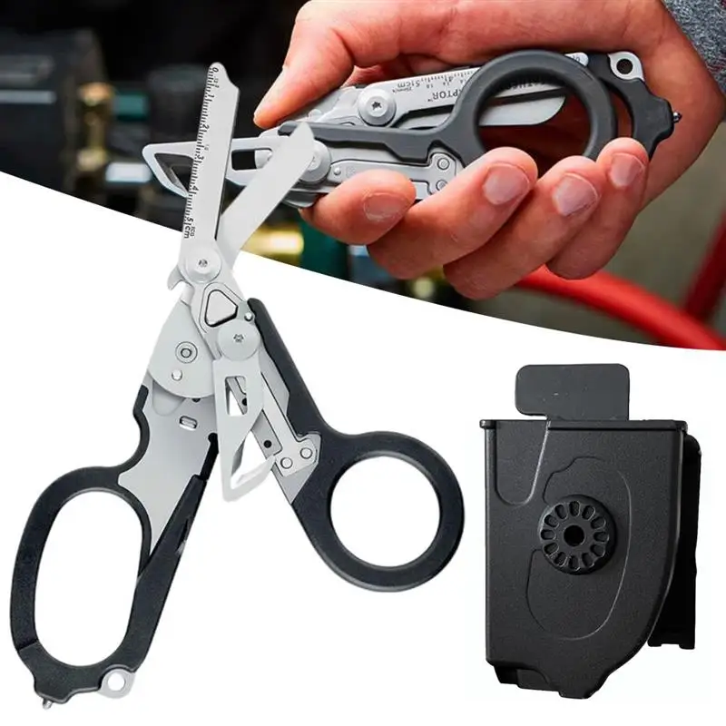 

Multifunction Raptor Emergency Response Shears with Strap Cutter and Glass Breaker Black with Strap Cutter Safety Hammer Holster