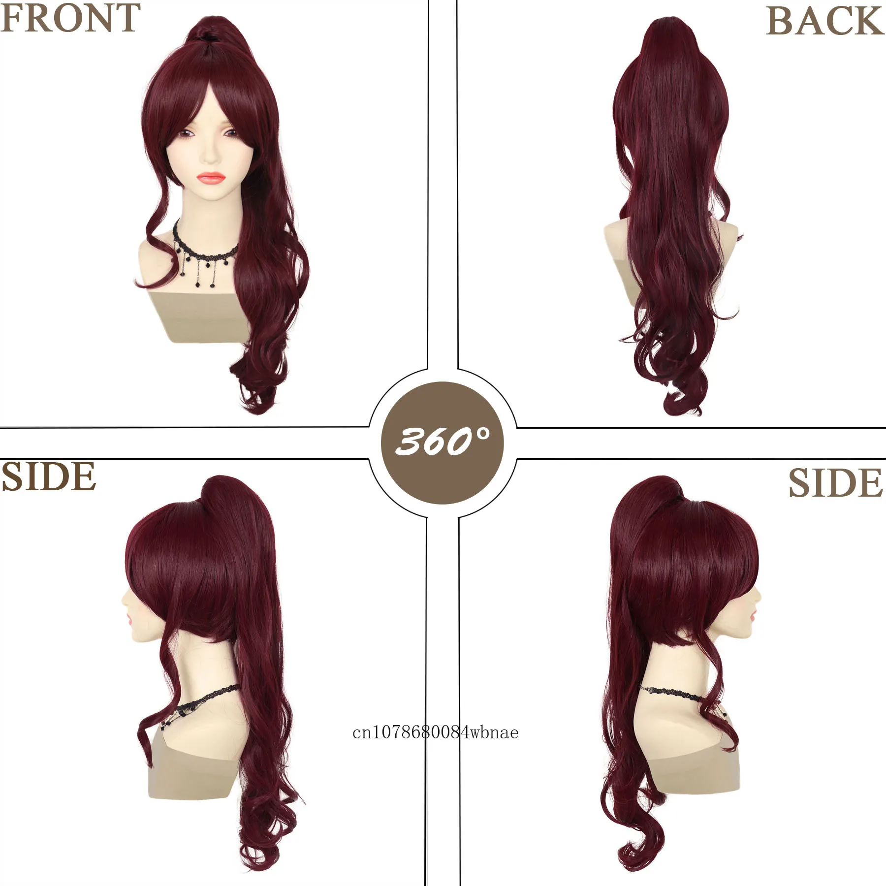 Violet Women Princess Wig Synthetic Hair Wine Red 27 Inch Long Wavy With Ponytail Daily Cosplay Party Halloween Costume Wigs