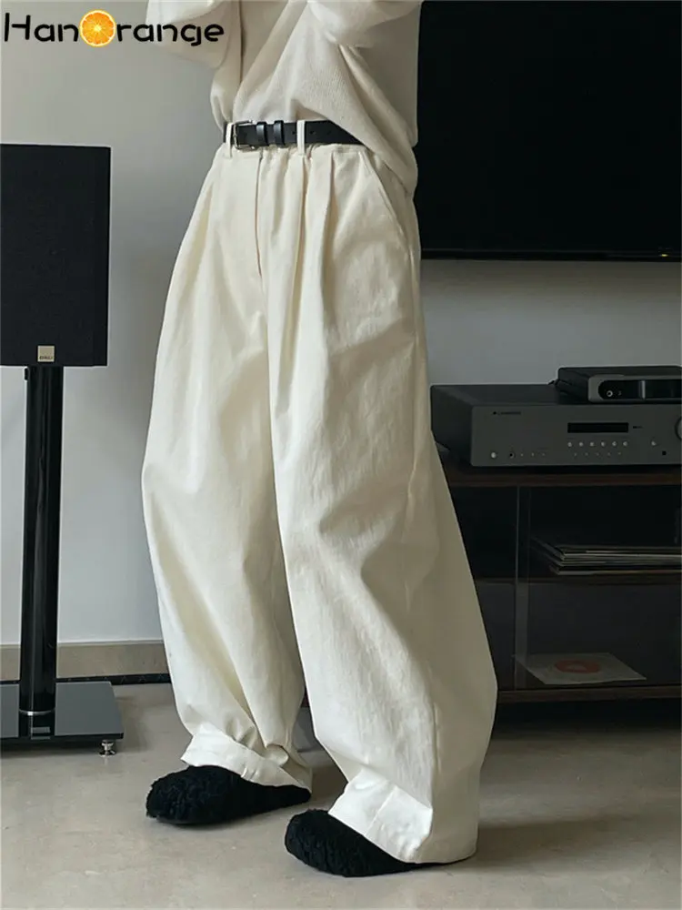 HanOrange 2022 Winter Vintage Thick Wide Leg Pants Women Elastic High Waist Silhouette Warm Female Trousers White/Khaki