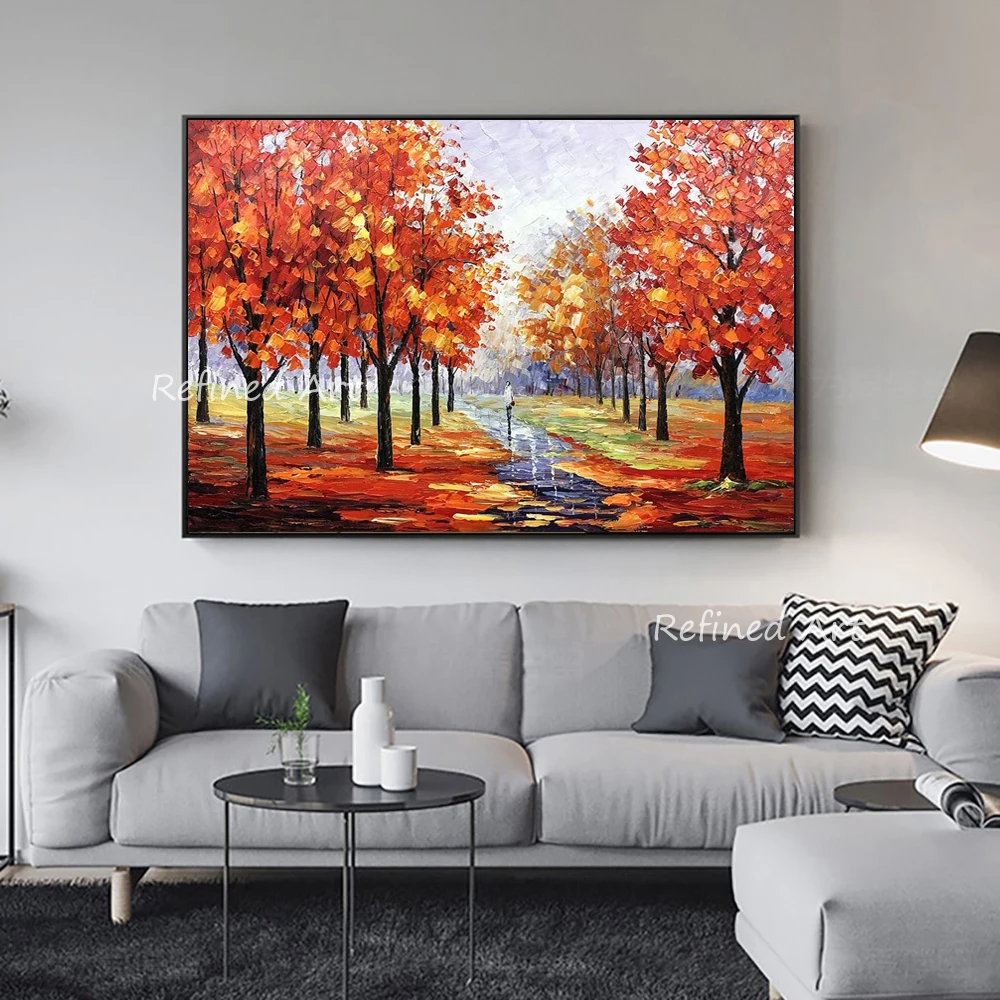 

Hand Painted Knife Oil Paintings Canvas Modern Autumn Park Landscape Maple Forest Wall Art Living Room Interior for Home Decor